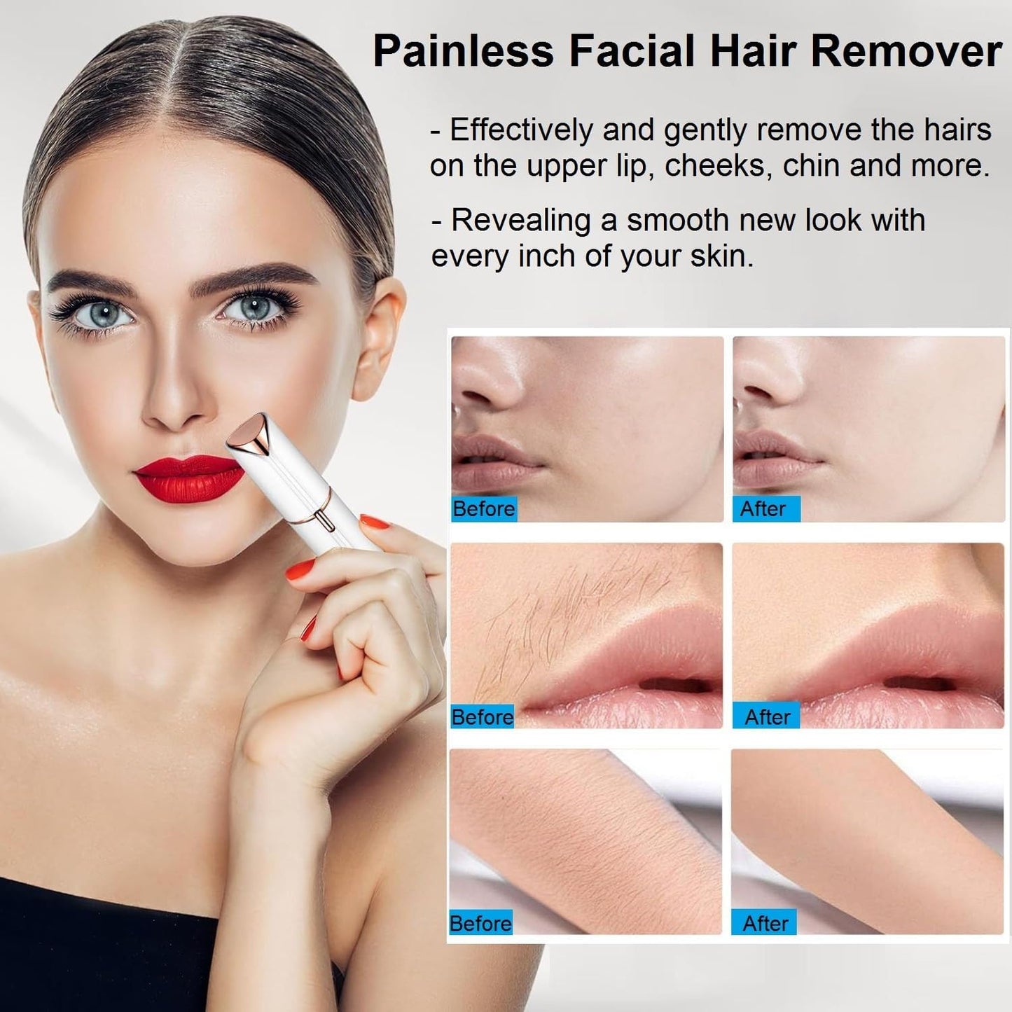 Facial Hair Removal for Women Electric Face Razor Lady Painless Hair Shaver for Face, Underarm, Arm, Bikini Line, Legs with USB Rechargeable (White)